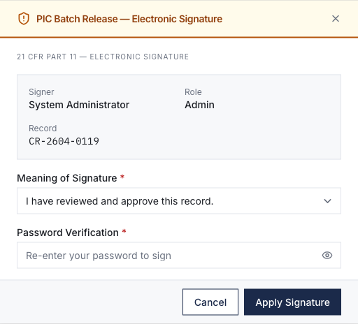 PIC batch-release electronic-signature dialog in the pharma ERP, showing signer name, role, record number, a declared meaning, and password re-authentication under 21 CFR Part 11.