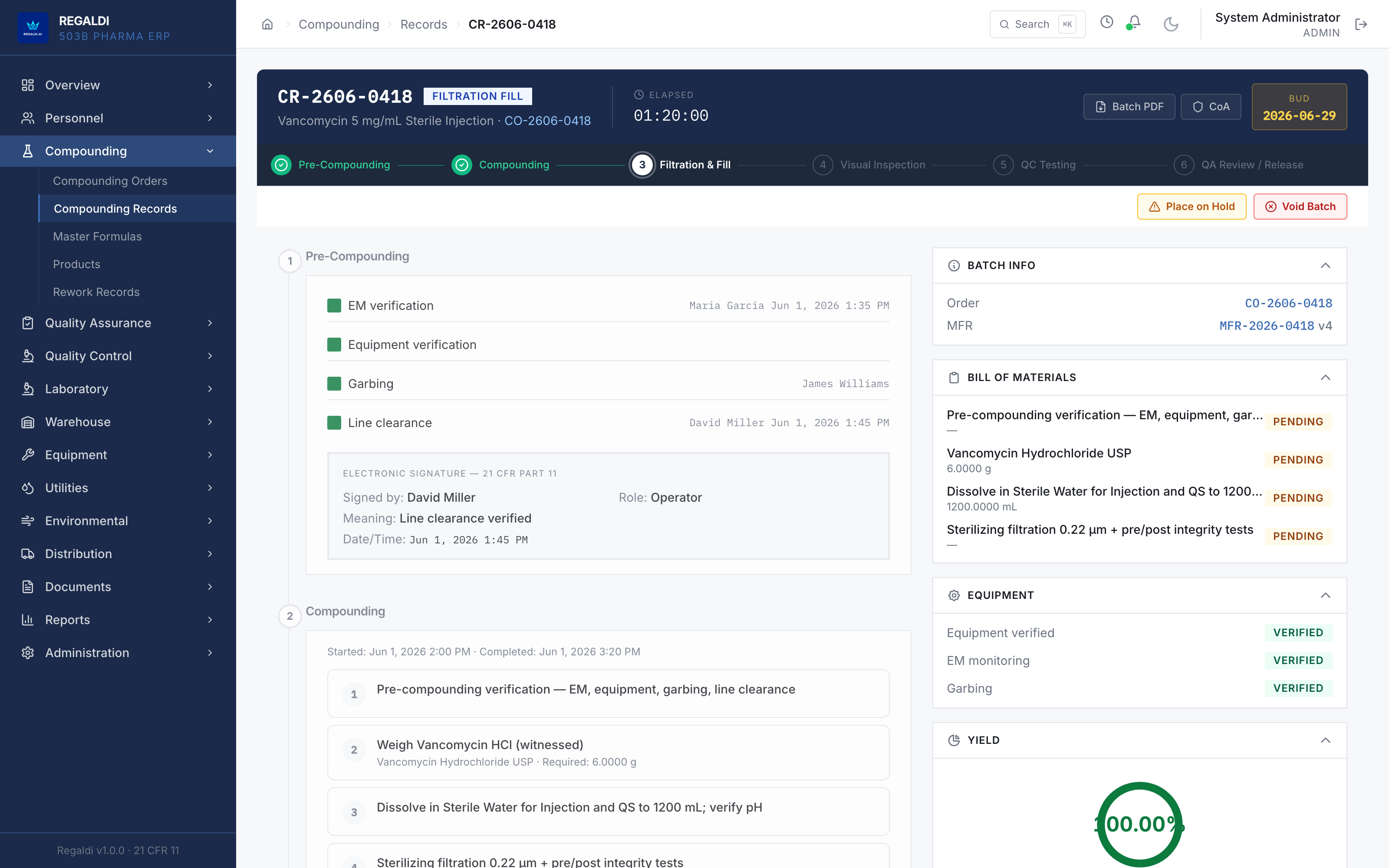 Compounding Record CR-2606-0418: six-phase timeline, environmental-monitoring verification, garbing and line-clearance with a 21 CFR Part 11 electronic signature, execution steps and in-process checks.